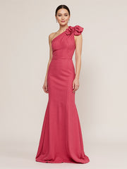 Rose Pink Sheath One-Shoulder Chiffon Long Formal Dresses