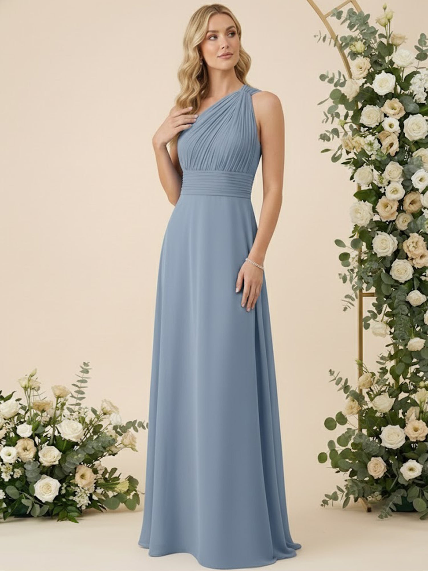 One Shoulder Pleat Chiffon A Line Long Bridesmaid Dresses for Women