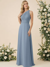 One Shoulder Pleat Chiffon A Line Long Bridesmaid Dresses for Women