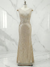 Golden Champagne Sequin Sleeveless Long A-line Gown Dress