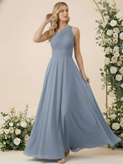 One Shoulder Pleat Chiffon A Line Long Bridesmaid Dresses for Women