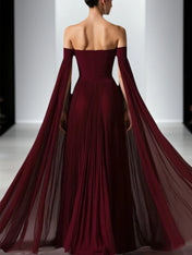 Flowy Burgundy Off the Shoulder Pleated Long Formal Dress with Cape