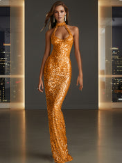 Glamorous Gold Sequin Halter Neck Mermaid Long Prom Dress