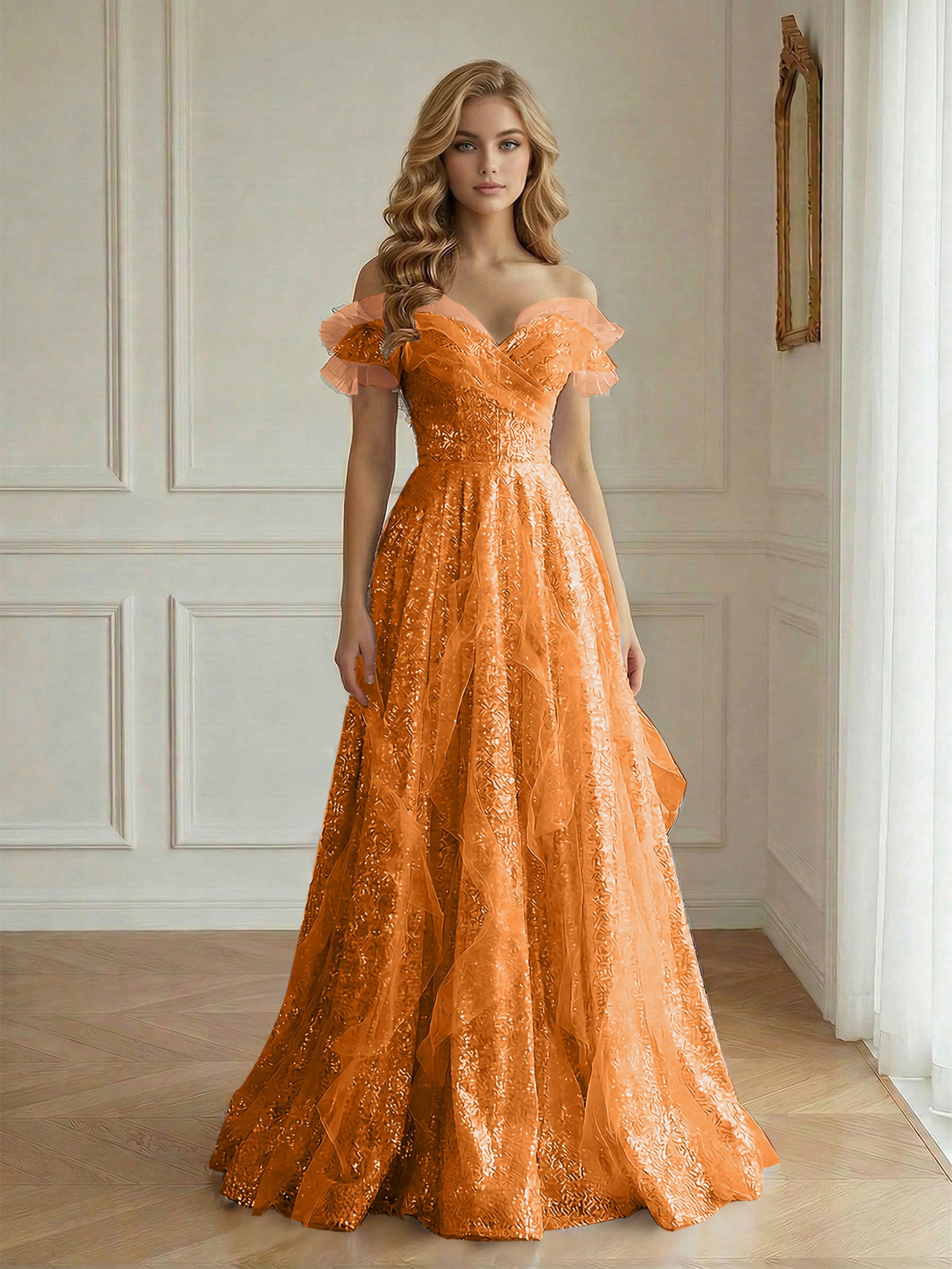 Off-the-Shoulder Sequin Tulle A-Line Gown with Ruffle Accents Prom Dress