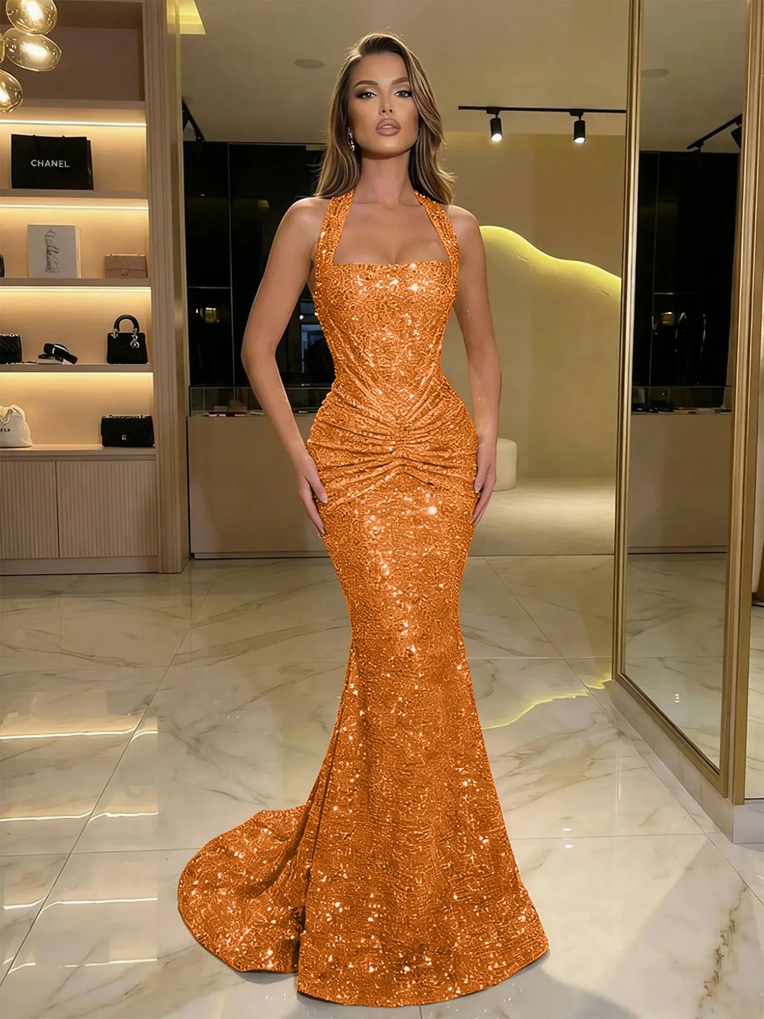 Gold Sequin Halter Mermaid Prom Dress with Ruched Waist