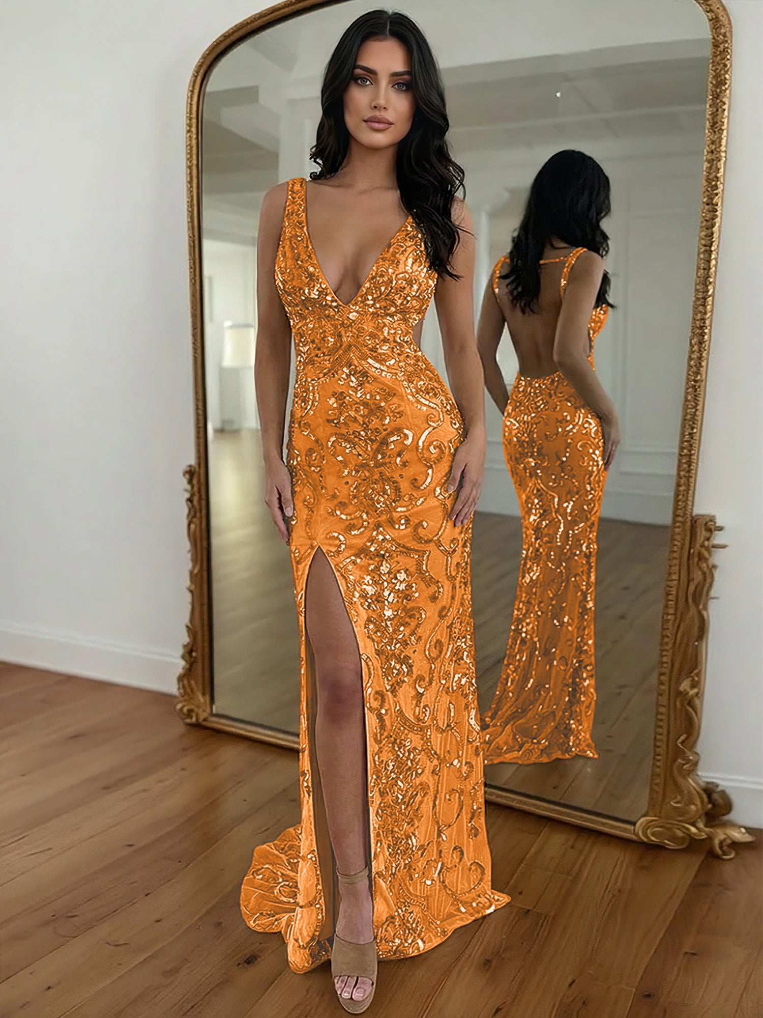 Gold Sequin V-Neck Open Back Mermaid Prom Dress with High Slit