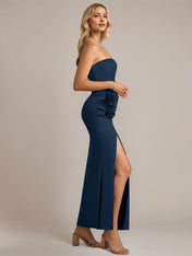Navy Sheath/Column Satin Off The Shoulder Sleeveless Ankle Length Dresses