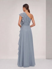 Dusty Blue One-Shoulder Ruffle Evening Dress with High Slit