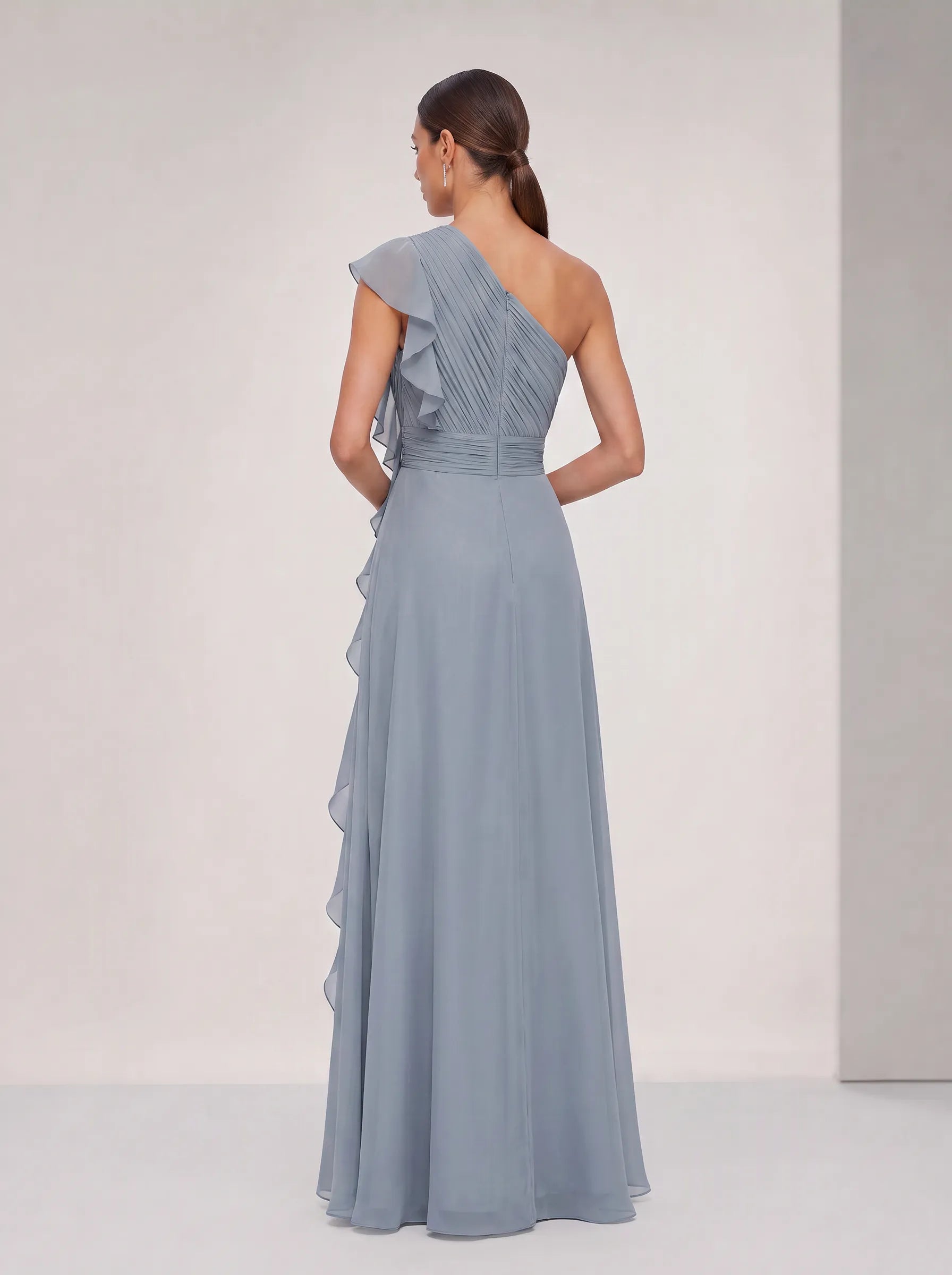 Dusty Blue One-Shoulder Ruffle Evening Dress with High Slit