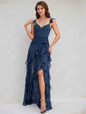 Navy Blue Chiffon A Line V Neck Sleeveless Floor Length Bridesmaid Dress With Cascading Ruffles