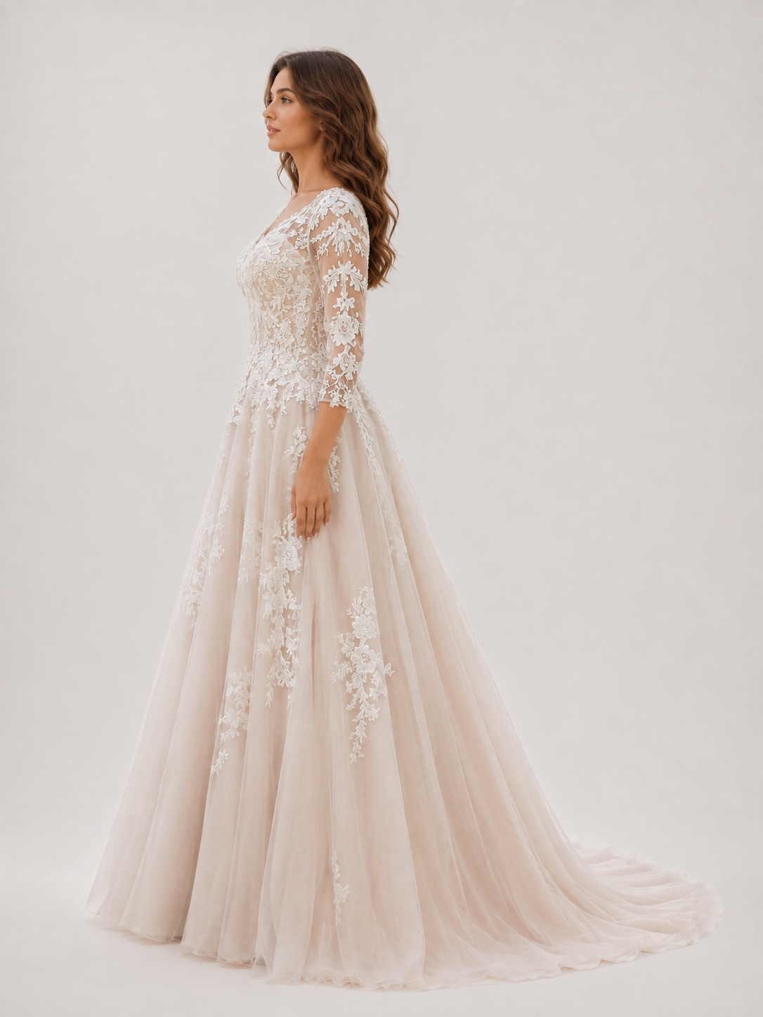 Elegant Illusion V-Neck Lace Applique Tulle A-Line Wedding Dress with Chapel Train