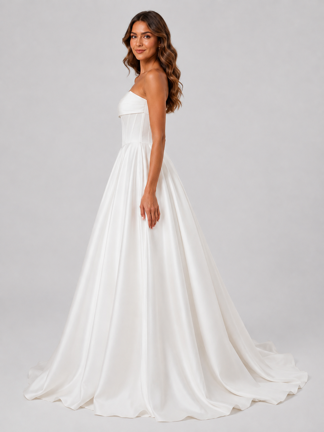 Elegant Strapless Straight-Neck Corset Satin Ball Gown Wedding Dress with Chapel Train