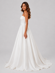 Elegant Strapless Straight-Neck Corset Satin Ball Gown Wedding Dress with Chapel Train