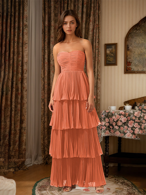 Burgundy A-Line Sweetheart Floor Length Tiered Chiffon Bridesmaid Dress