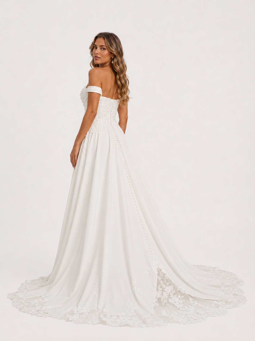 Elegant Off-the-Shoulder Draped Satin A-Line Wedding Dress with Chapel Train