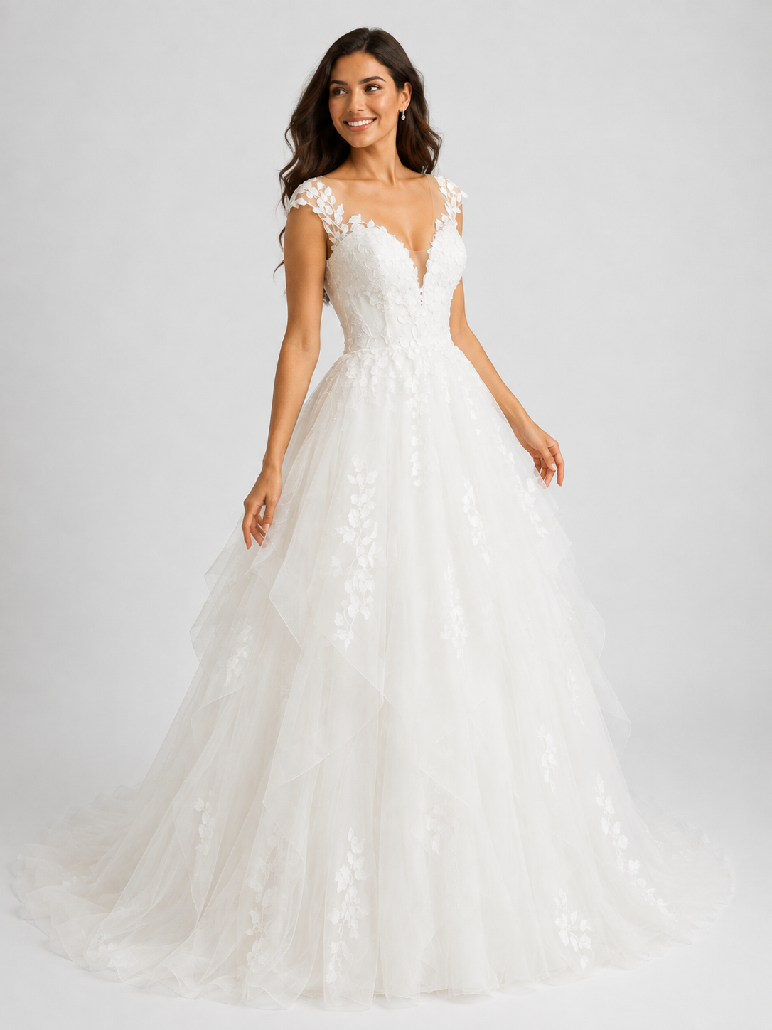 Elegant V-Neck Lace Applique Tulle A-Line Wedding Dress with Sweep Train