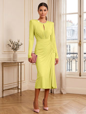 Dusty Rose Long Sleeve Ruched Midi Dress Formal Evening Gown