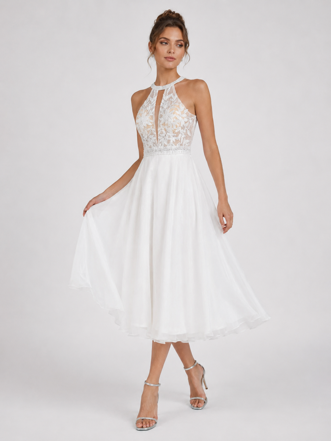 Elegant Halter Neck Lace Applique Midi Wedding Dress