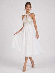 Elegant Halter Neck Lace Applique Midi Wedding Dress