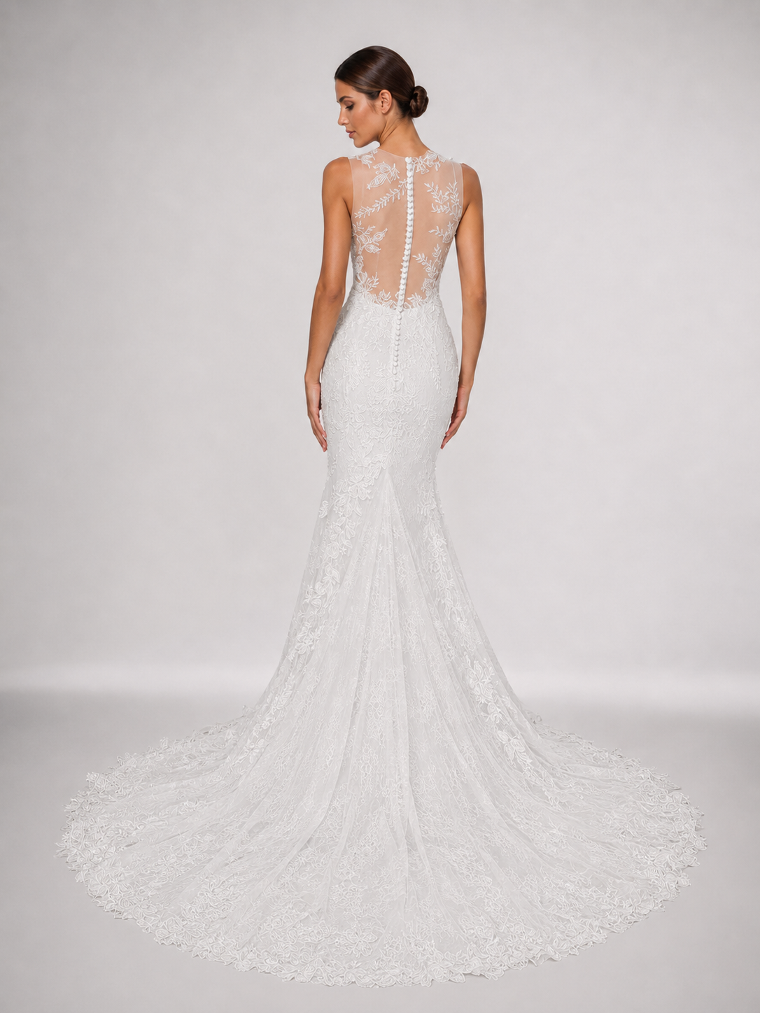 Elegant Illusion High-Neck Lace Mermaid Wedding Dress with Sweep Train