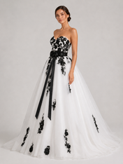 Elegant Floral Lace Applique Strapless A-Line Wedding Dress with Sweep Train