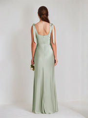 Sage Satin Spaghetti Straps Sleeveless Floor Length Dress With High Slit