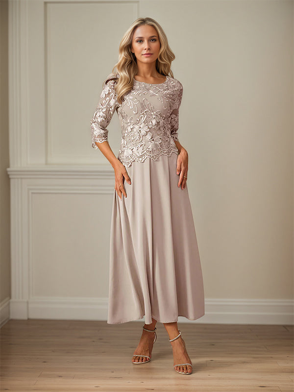 Crew Neck  A Line Ruffle Ruched Lace Maxi Dress Mother Of The Bride Dress