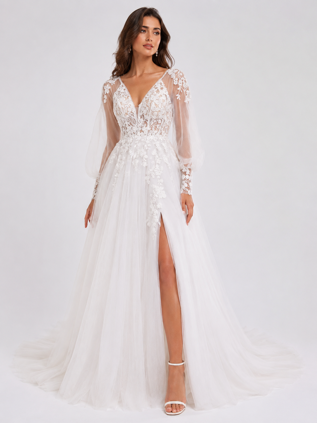 Elegant V-Neck Long Sleeve Lace Appliquéd Tulle A-Line Wedding Dress with High Slit and Chapel Train