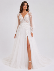 Elegant V-Neck Long Sleeve Lace Appliquéd Tulle A-Line Wedding Dress with High Slit and Chapel Train