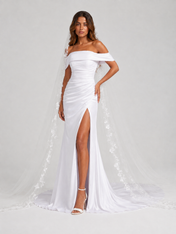 Elegant Off-the-Shoulder Ruched Satin Sheath Wedding Dress with High Slit and Chapel Train
