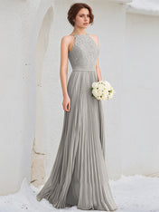 Silver A-Line Scoop Floor-Length Lace Chiffon Dresses With Pleated