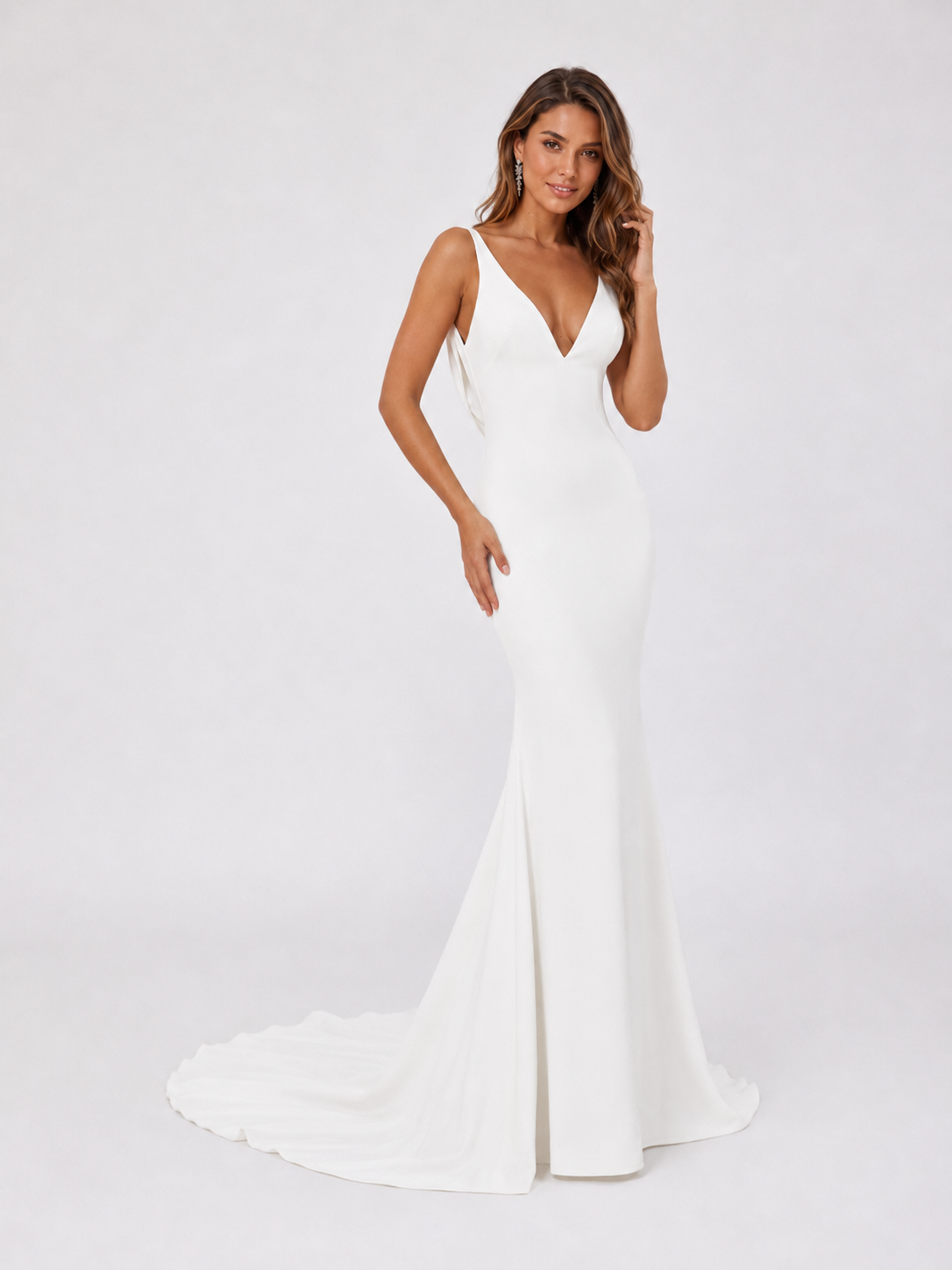 Elegant V-Neckline Cowl Back Satin Sheath Wedding Dress with Sweep Train