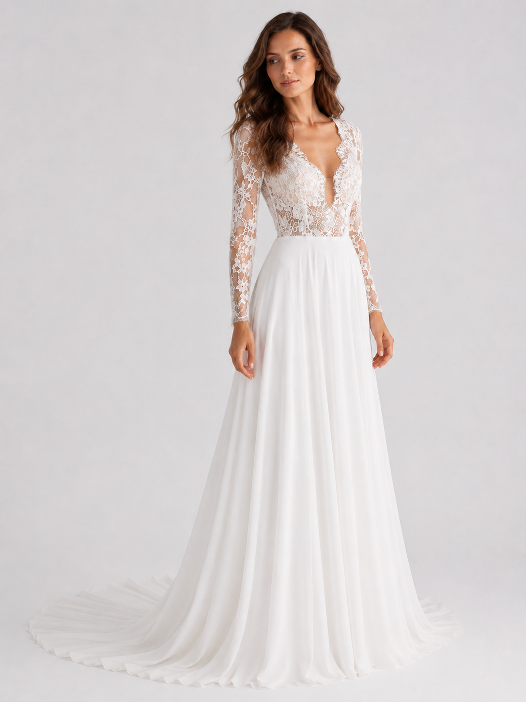 Elegant Long-Sleeve Lace Bodice Chiffon A-Line Wedding Dress with Sweep Train