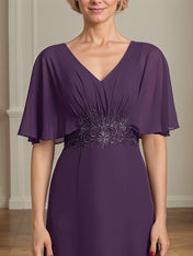 A-Line V-Neck Floor-Length Chiffon Mother of the Bride Dress With Appliques Pleated