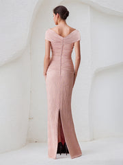 Pink V-Neck Short Sleeves Floor Length Sheath Stretch Crepe Mother Of The Bride Dress