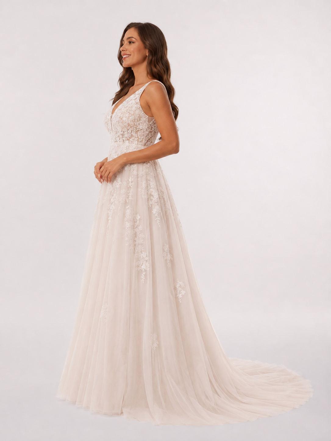 Elegant V-Neck Lace Applique Tulle A-Line Wedding Dress with Chapel Train