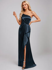 Dark Navy Satin A Line One Shoulder Floor Length Bridesmaid Dress With Ruffle