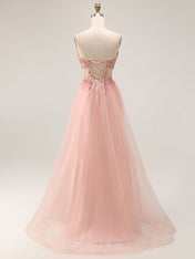 Light Pink Glitter Beaded Tulle Corset Long Porm Dress