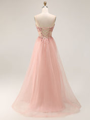 Light Pink Glitter Beaded Tulle Corset Long Porm Dress