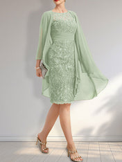 Sheath Scoop Illusion Knee-Length Lace Chiffon Mother of the Bride Dress With Cascading Ruffles Sequins