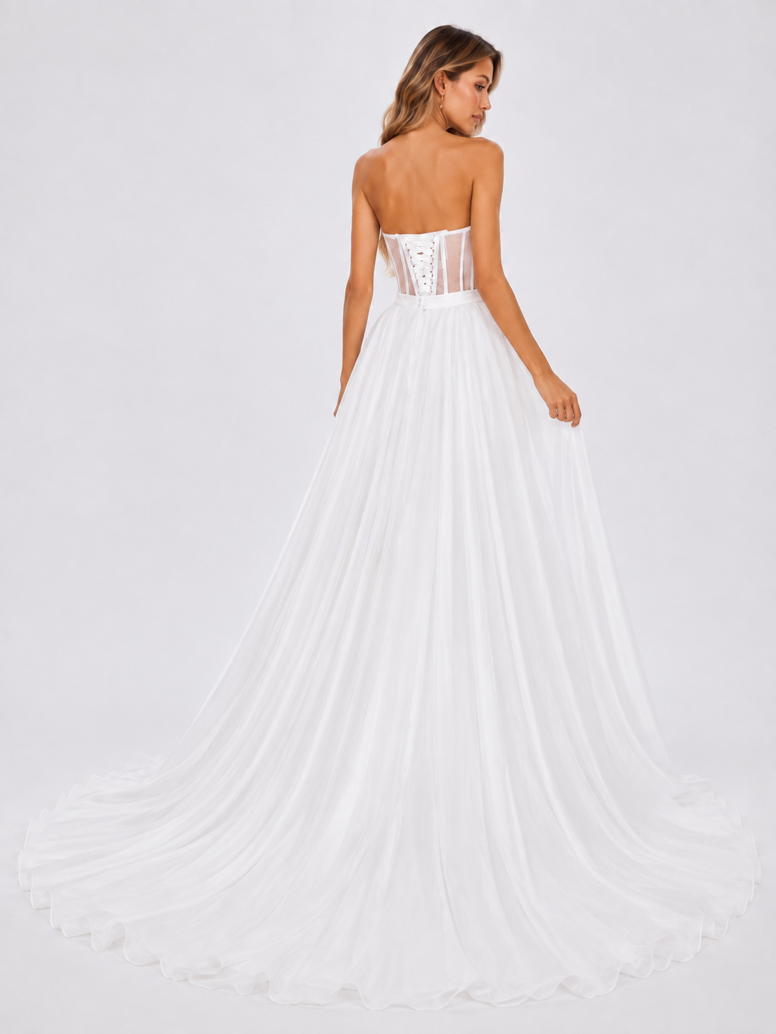 Elegant Strapless Floral Lace Corset A-Line Wedding Dress with High Slit and Chapel Train