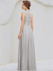 Silver A-Line High Neck Floor-Length Lace Chiffon Bridesmaid Dress With Appliques