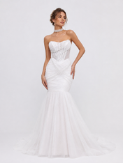 Elegant Strapless Ruched Tulle Mermaid Wedding Dress with Corset Bodice and Chapel Train