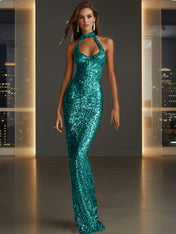Glamorous Gold Sequin Halter Neck Mermaid Long Prom Dress