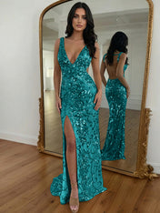 Gold Sequin V-Neck Open Back Mermaid Prom Dress with High Slit