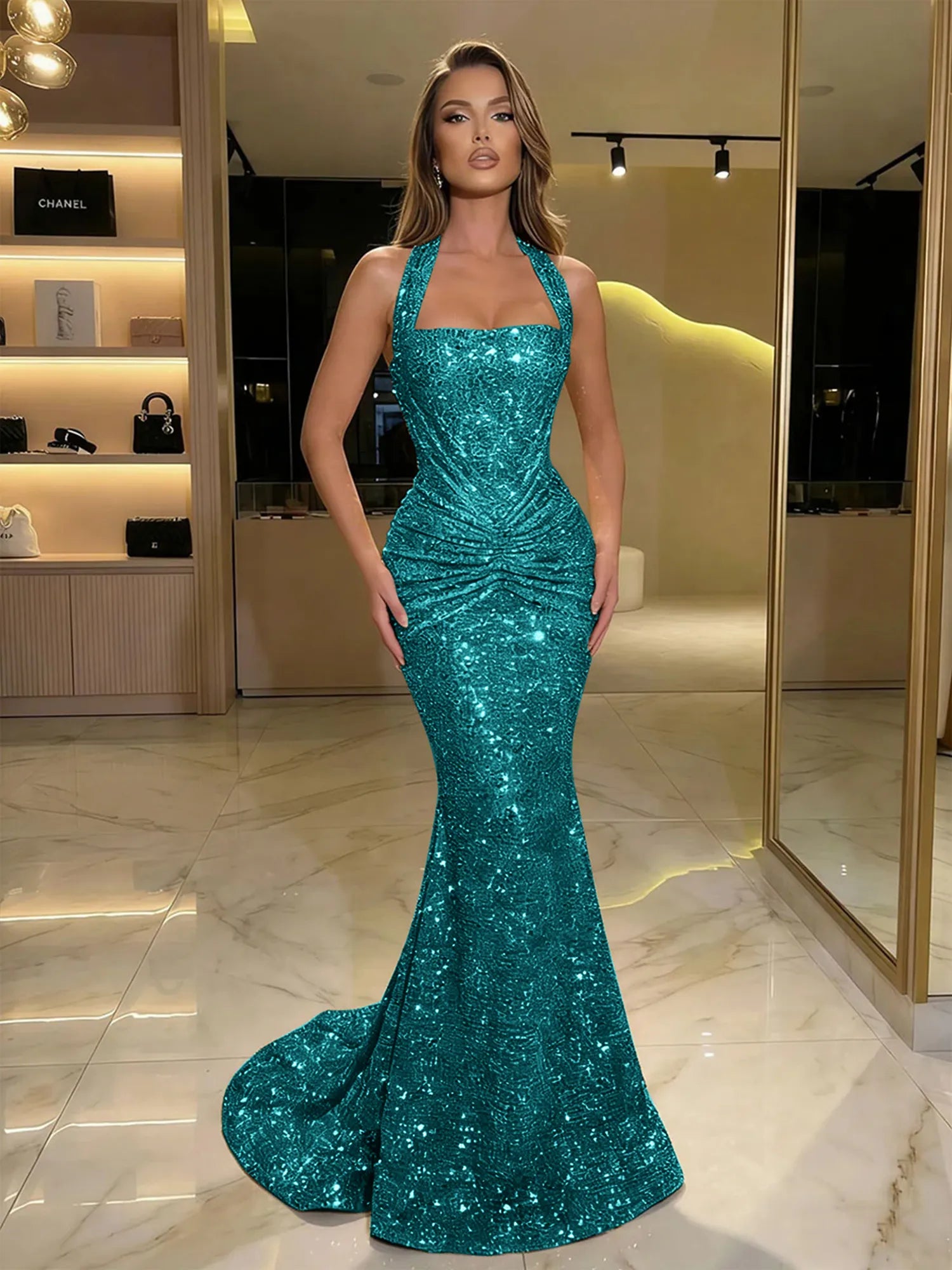 Gold Sequin Halter Mermaid Prom Dress with Ruched Waist