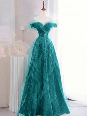 Fliederfarbenes schulterfreies Pailletten-Rüschen-Tüll-Boho-Ballkleid
