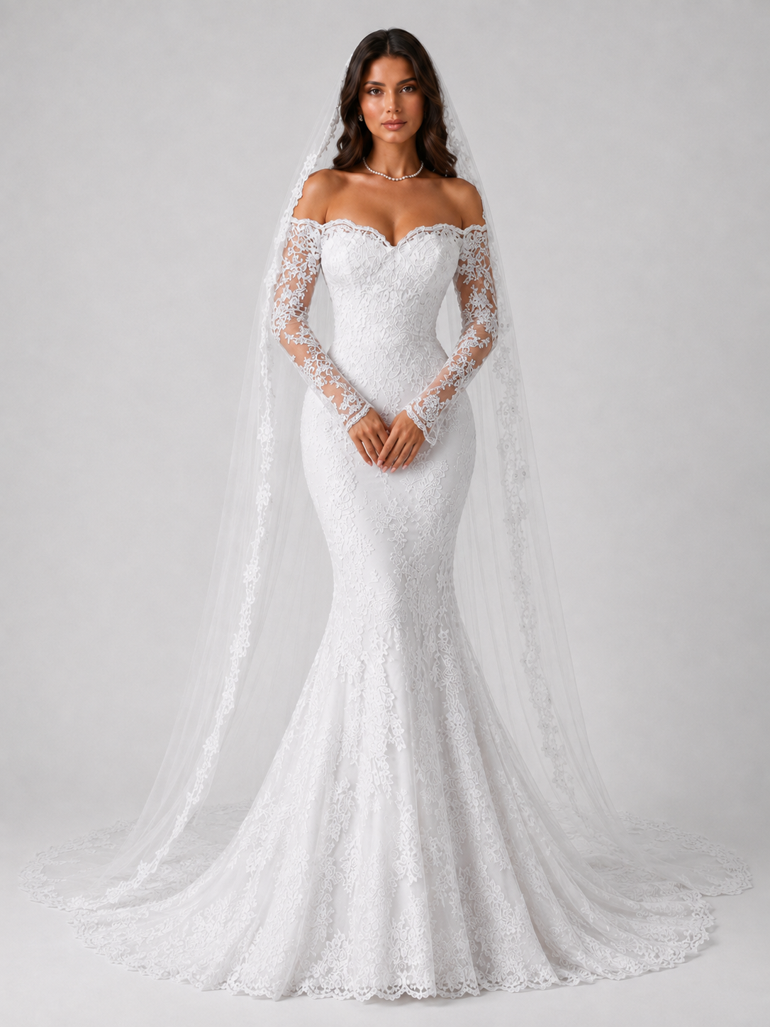 Elegant Lace Applique Off-the-Shoulder Mermaid Wedding Dress with Sweep Train