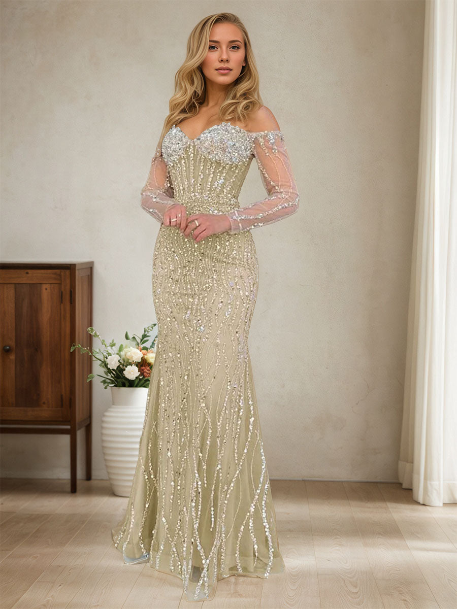 Sparkly Champagne Mermaid Off the Shoulder Long Prom Dress With Corset