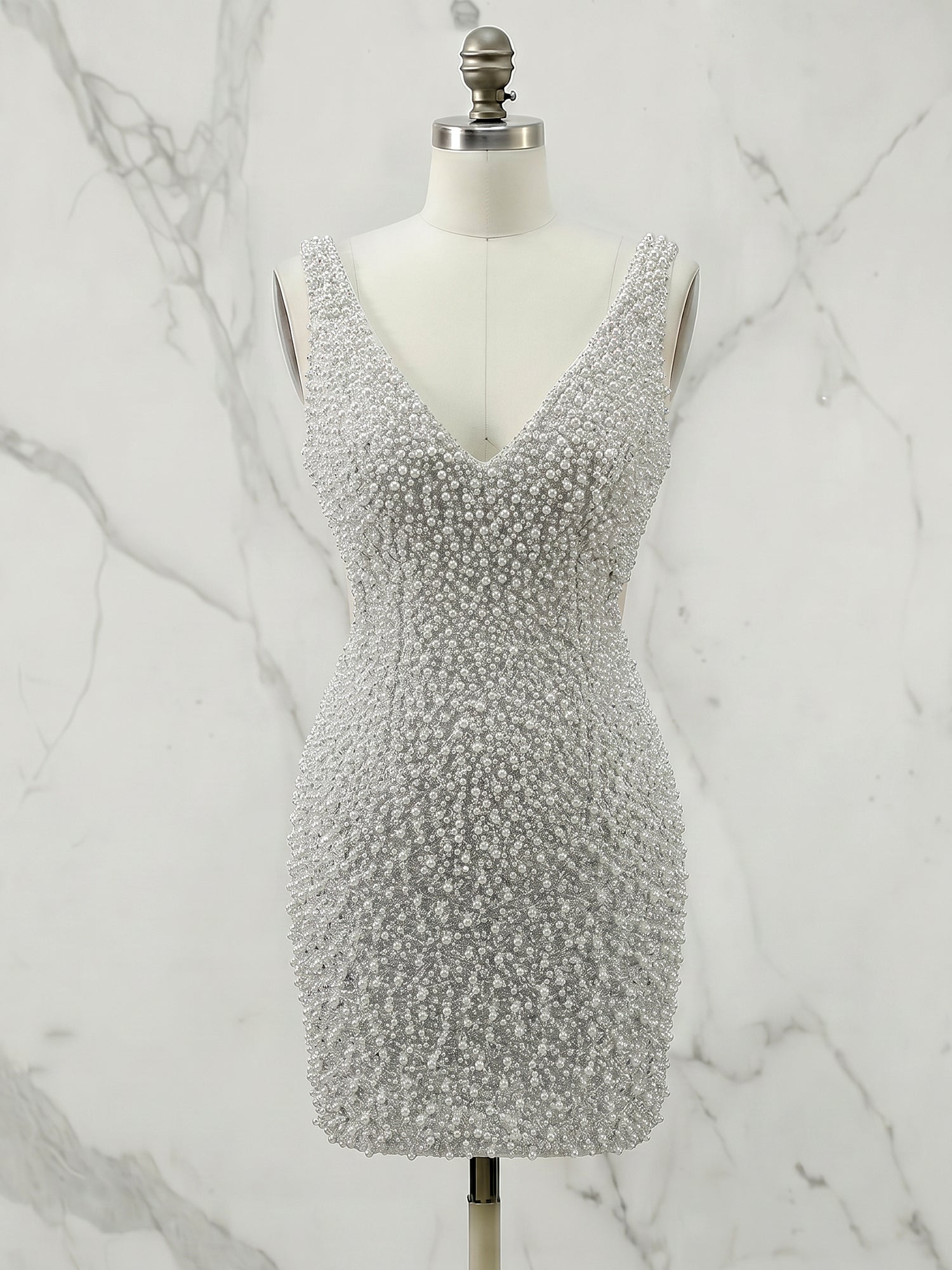 White V Neck Pearl Embellished Short Homecoming Dress